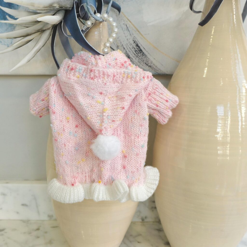 Pink Knit Dog Sweater With Hood, Pom Pom And Ruffle