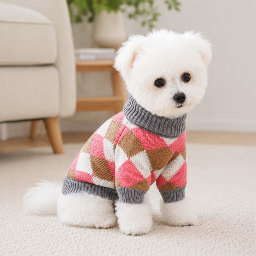 Pink Argyle Dog Sweater With Gray Turtleneck
